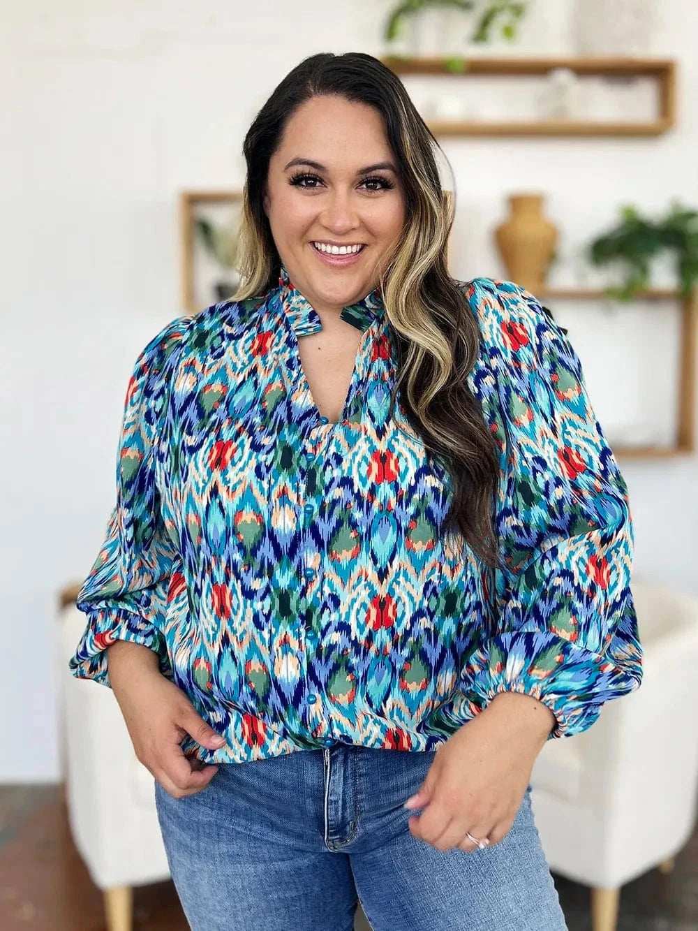 Double Take Full Size Printed Balloon Sleeve Blouse - Trendsi - Flyclothing LLC