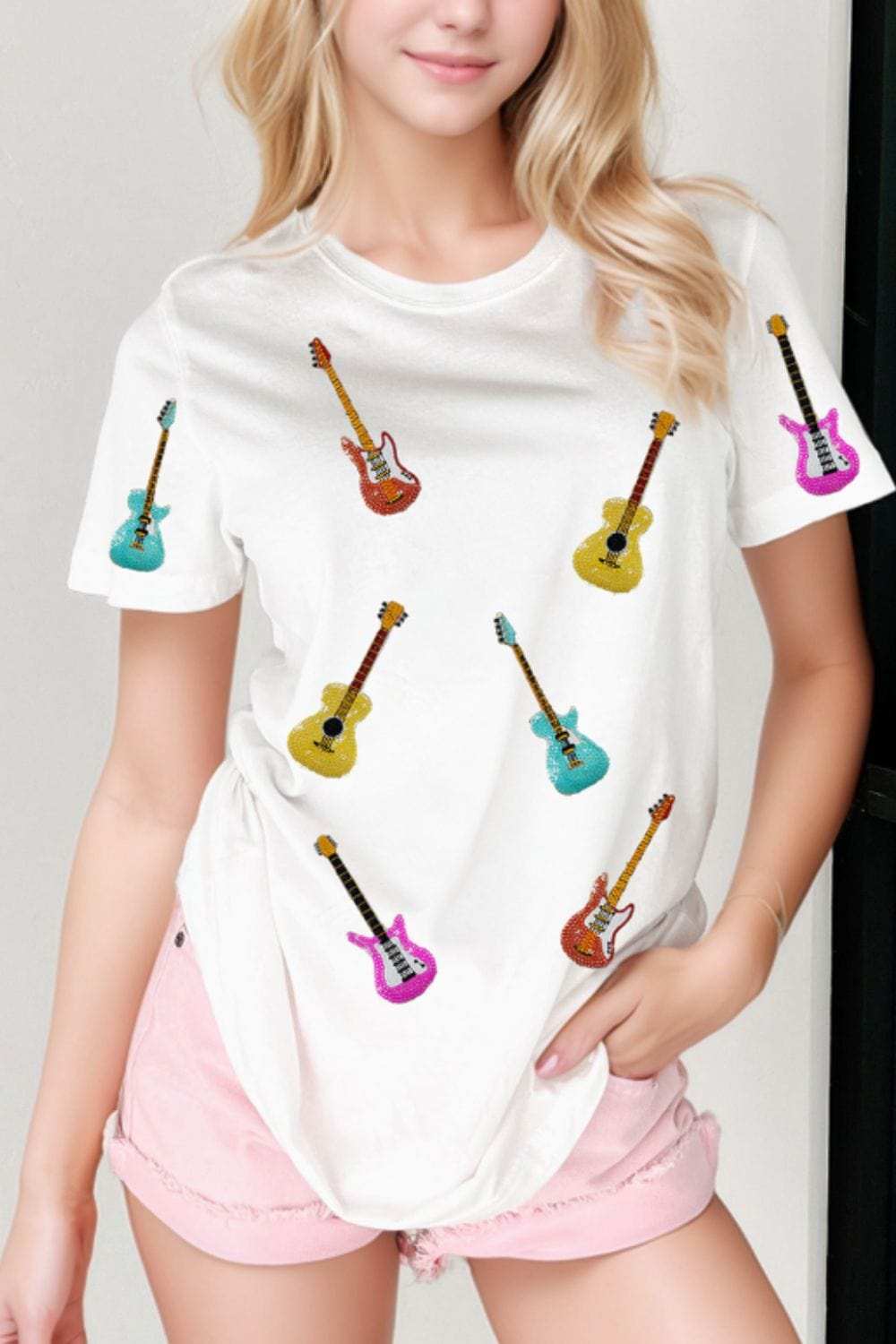 Guitar Crew Neck Short Sleeve T-Shirt - Trendsi - Flyclothing LLC