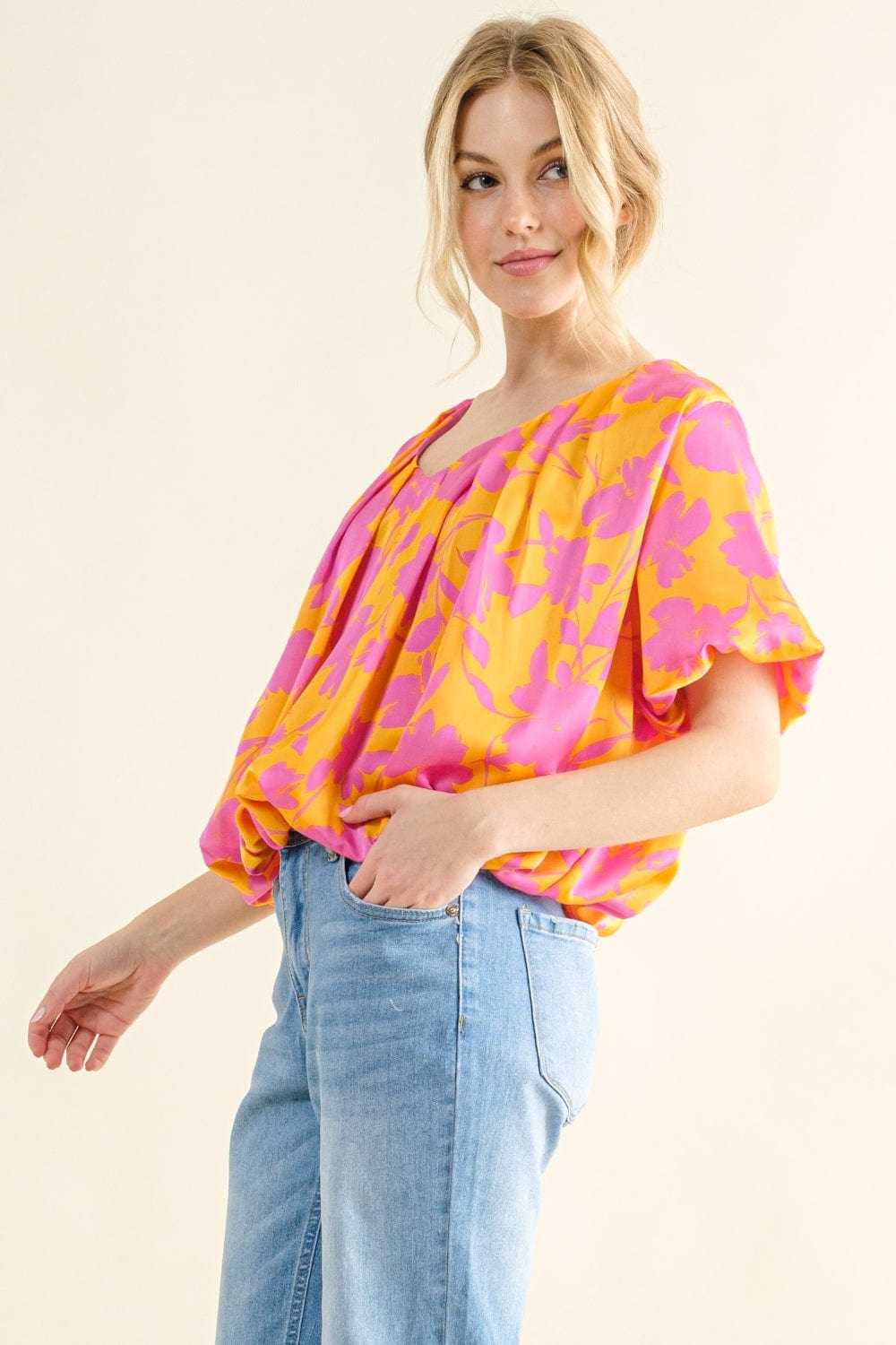 And The Why Full Size Printed Satin Bubble Hem Top - Trendsi