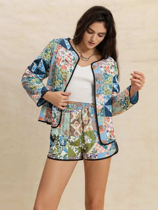 Printed Button Up Long Sleeve Outerwear and Shorts Set - Trendsi - Flyclothing LLC