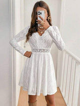 Lace Detail V Neck Long Sleeve Mini Dress - Trendsi - Flyclothing LLC