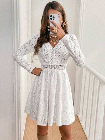 Lace Detail V Neck Long Sleeve Mini Dress - Trendsi - Flyclothing LLC