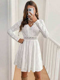 Lace Detail V Neck Long Sleeve Mini Dress - Trendsi - Flyclothing LLC