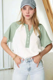 Color Block Raglan Short Sleeve Half Buttons High Low T Shirt - Trendsi - Flyclothing LLC