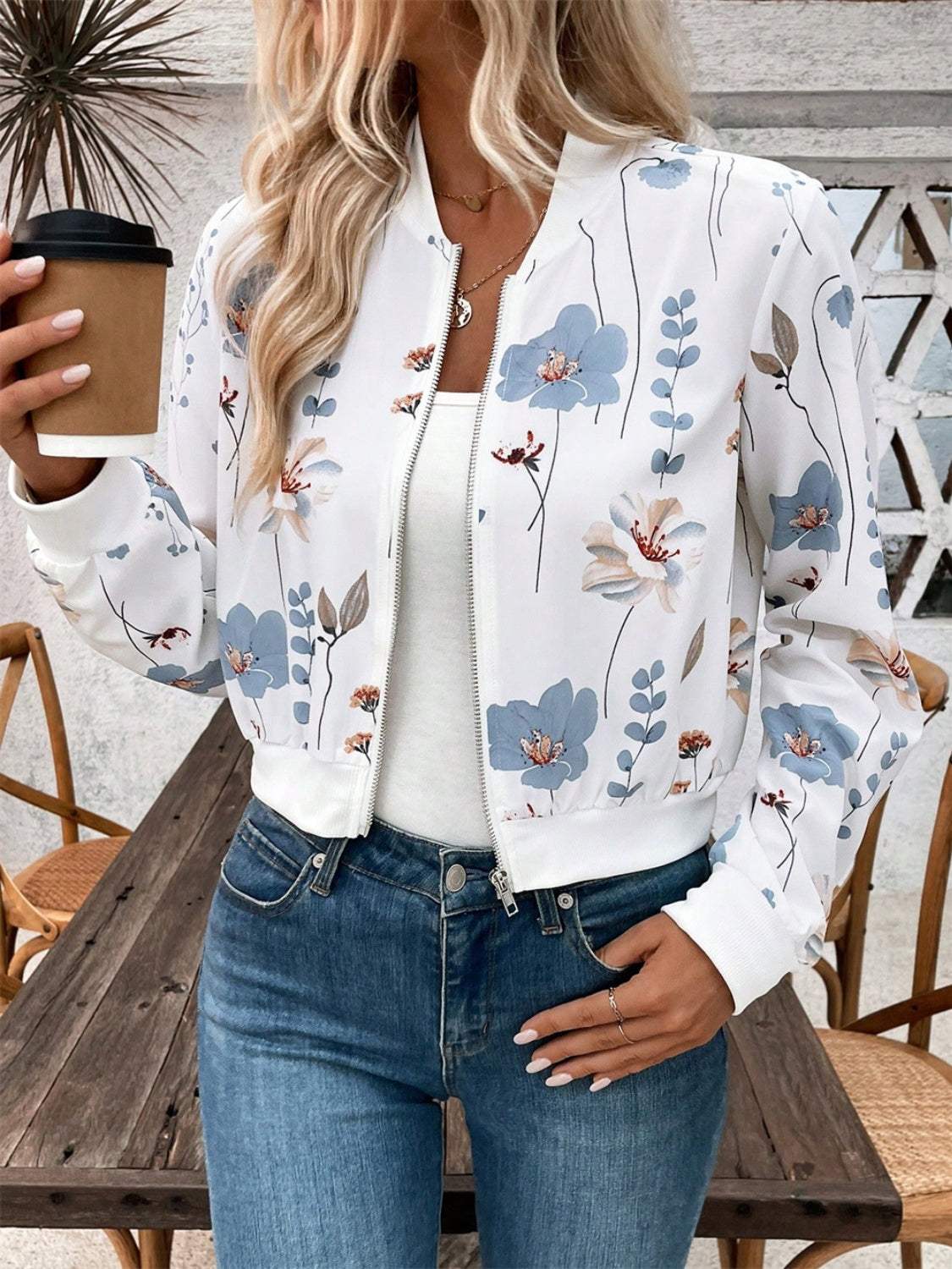 Printed Zip Up Long Sleeve Jacket - Trendsi - Flyclothing LLC