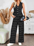 Plaid V-Neck Button Up Vest and Pants Set - Trendsi - Flyclothing LLC
