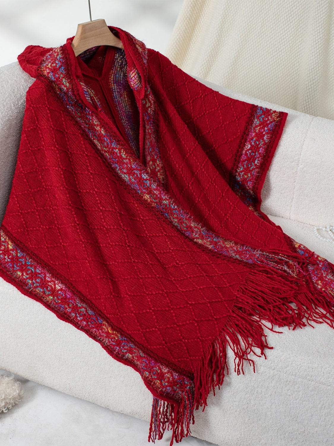 Fringe Half Sleeve Hooded Poncho - Trendsi