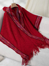 Fringe Half Sleeve Hooded Poncho - Trendsi - Flyclothing LLC