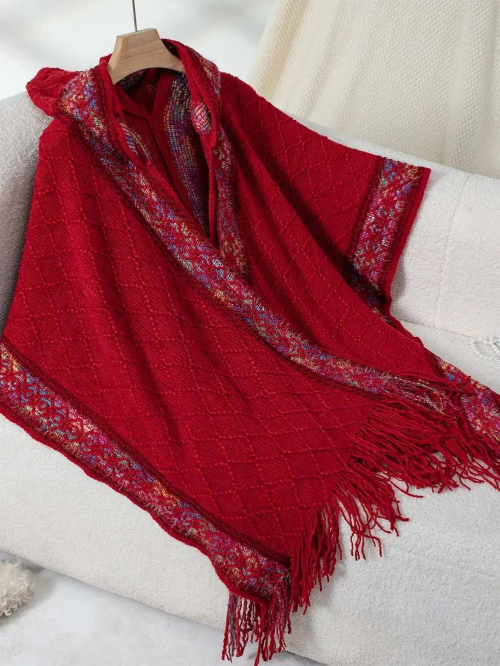 Fringe Half Sleeve Hooded Poncho - Trendsi - Flyclothing LLC