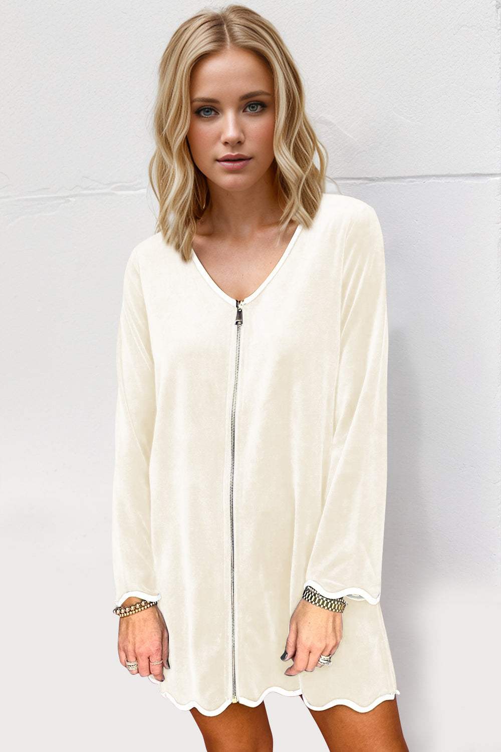 Double Take Wave Contrast Trim V-Neck Zip Up Long Sleeve Mini Dress - Trendsi - Flyclothing LLC
