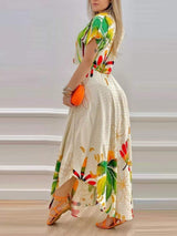 Tropical Print Button-Up Crop Top and Maxi Skirt Set、 - Trendsi - Flyclothing LLC