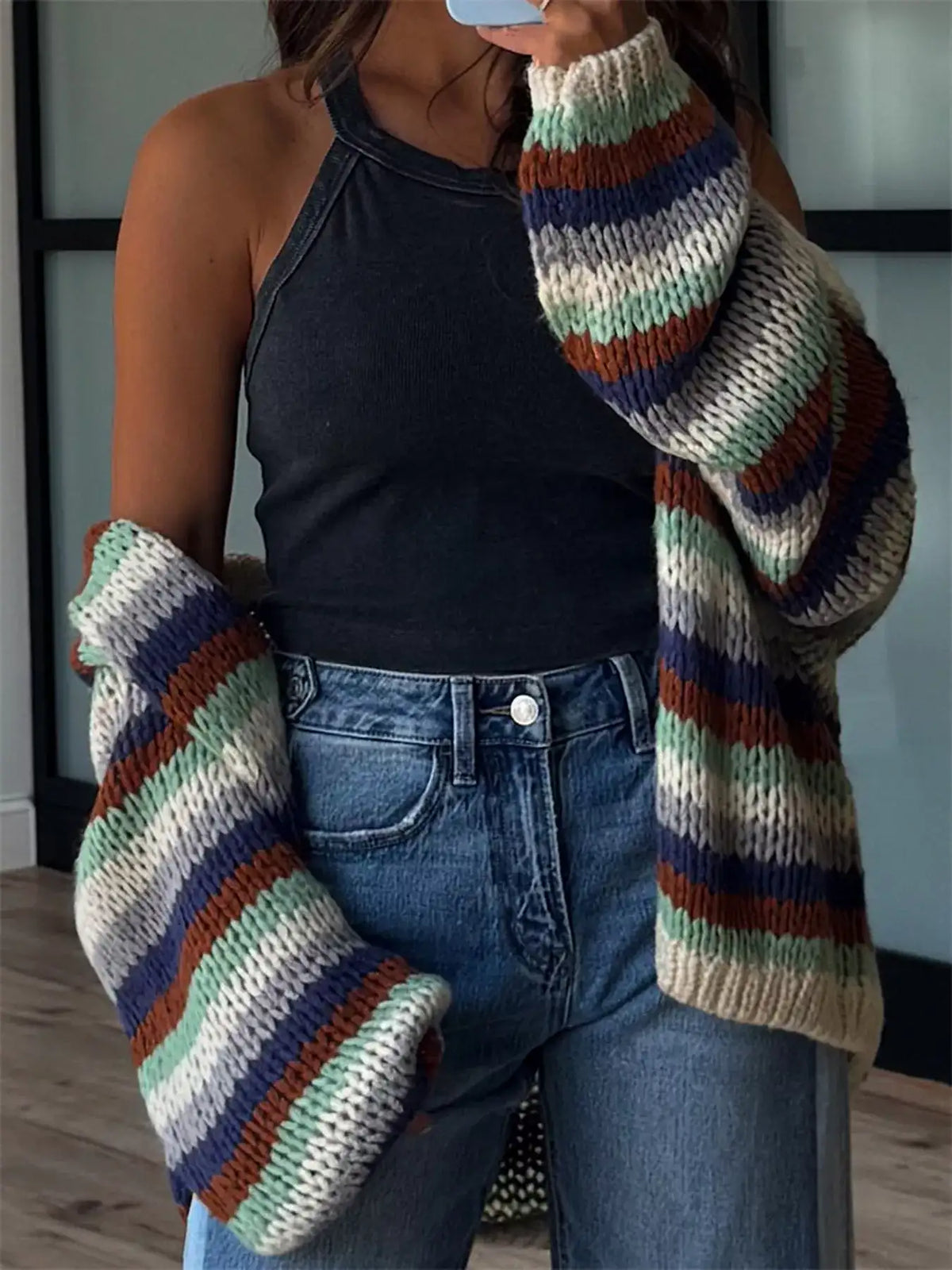Multi-Color Striped Chunky Knit Open-Front Cardigan - Trendsi - Flyclothing LLC