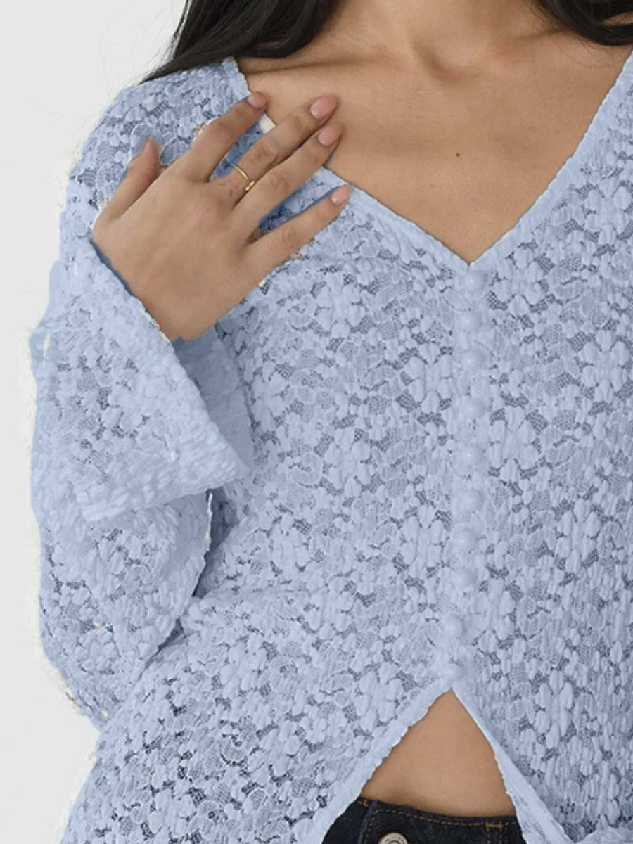 Lace V-Neck Flare Sleeve T-Shirt - Trendsi - Flyclothing LLC