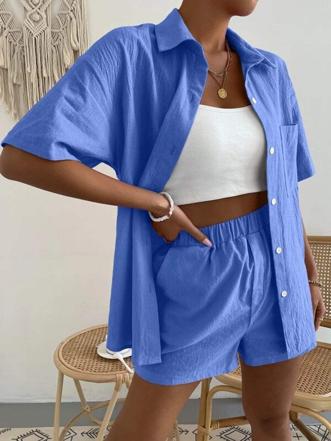 Button Up Short Sleeve Shirt and Shorts Set - Trendsi - Flyclothing LLC