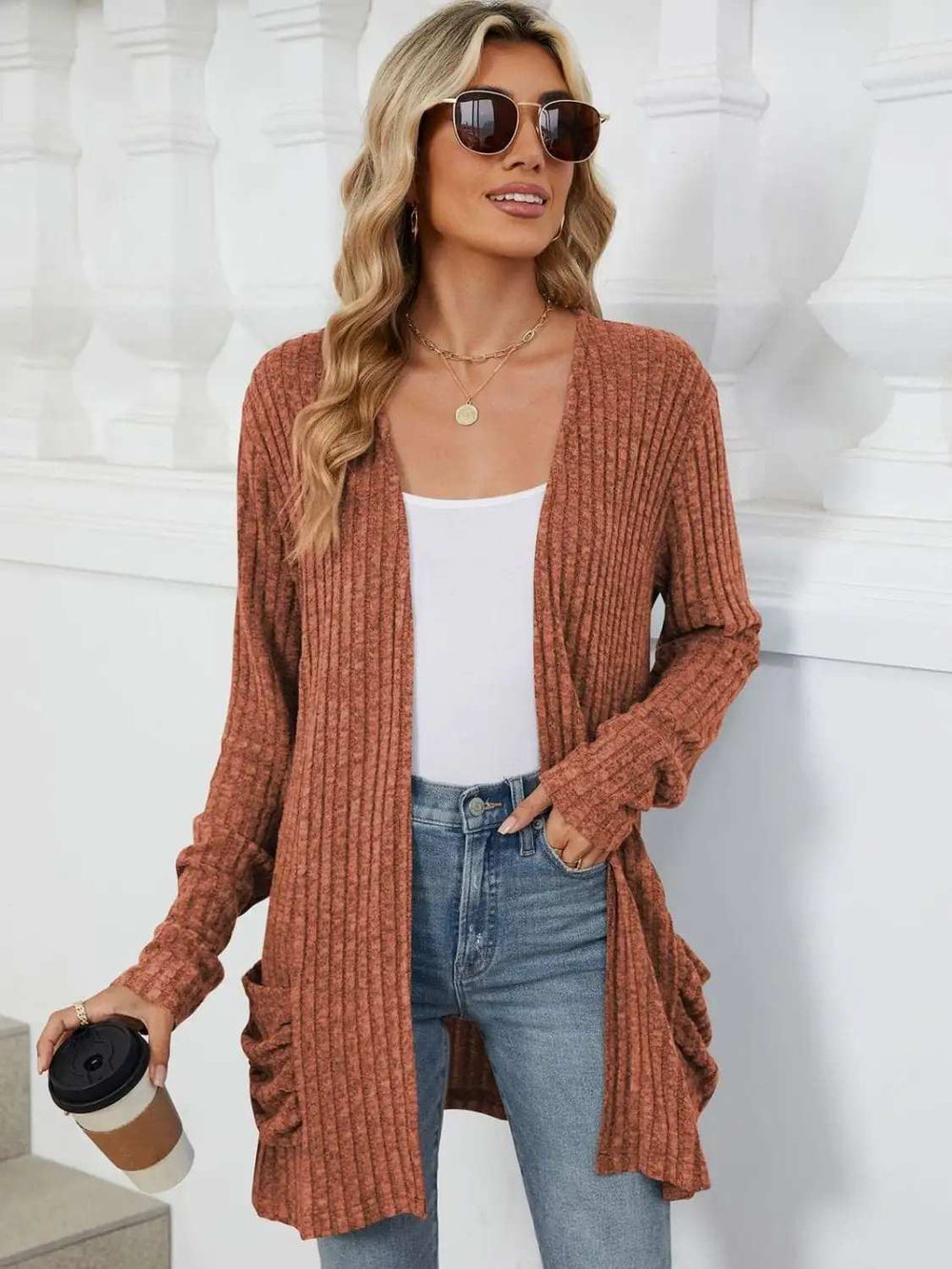Pocketed Open Front Long Sleeve Cardigan - Trendsi - Flyclothing LLC