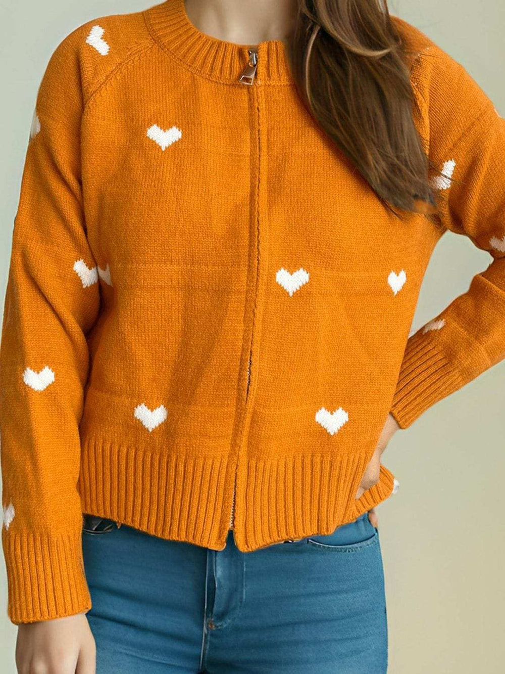 Heart Round Neck Zip Up Cardigan - Trendsi - Flyclothing LLC