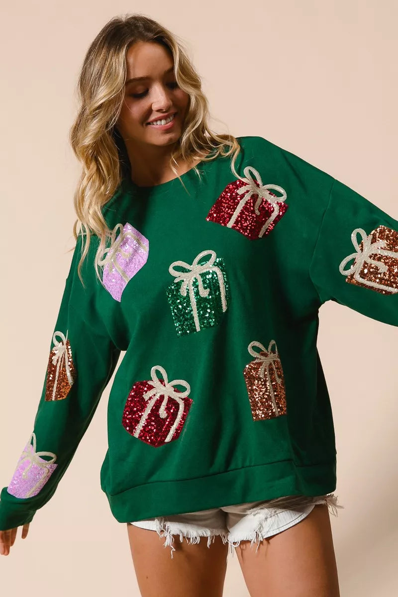 BiBi Sequin Christmas Gift Box Embroideries Pullover - Trendsi - Flyclothing LLC