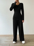 Ribbed V-Neck Long Sleeve Top and Pocketed Pants Set - Trendsi - Flyclothing LLC