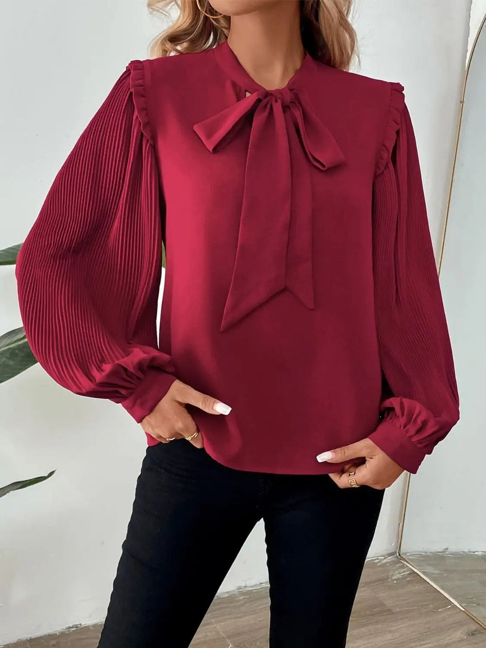 Perfee Frill Tie Neck Long Sleeve Blouse - Trendsi