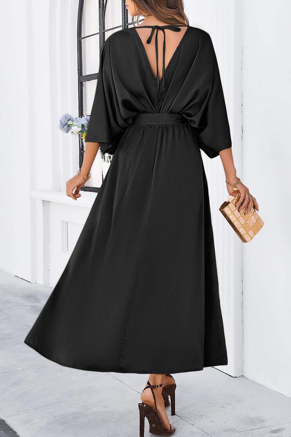 Slit Tied V-Neck Three-Quarter Sleeve Dress - Trendsi - Flyclothing LLC