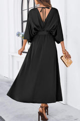 Slit Tied V-Neck Three-Quarter Sleeve Dress - Trendsi - Flyclothing LLC