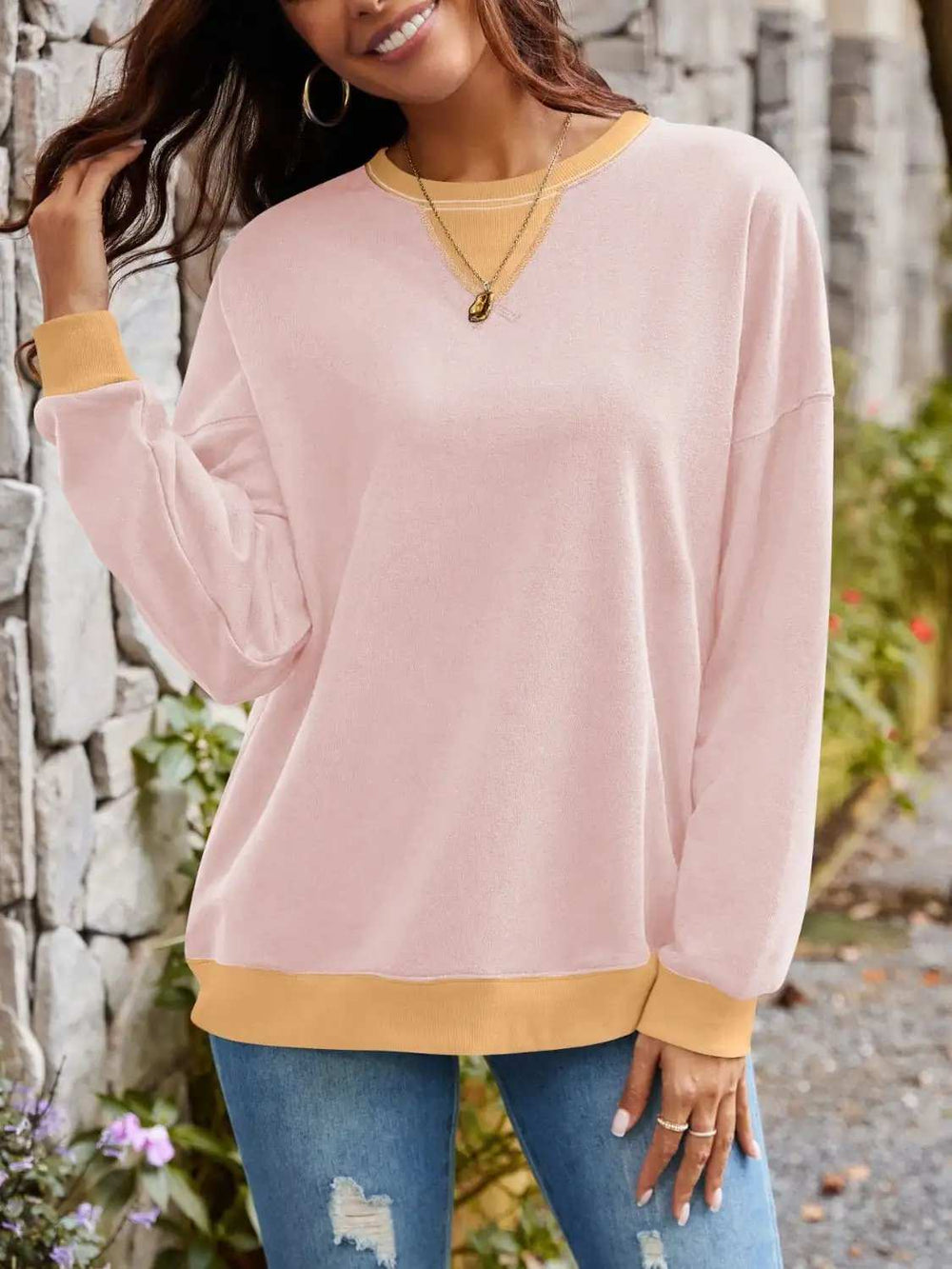 Contrast Round Neck Long Sleeve Sweatshirt - Trendsi - Flyclothing LLC