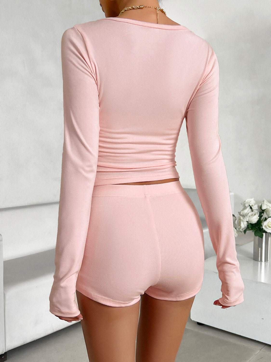 Scoop Neck Long Sleeve Top and Shorts Set - Trendsi - Flyclothing LLC