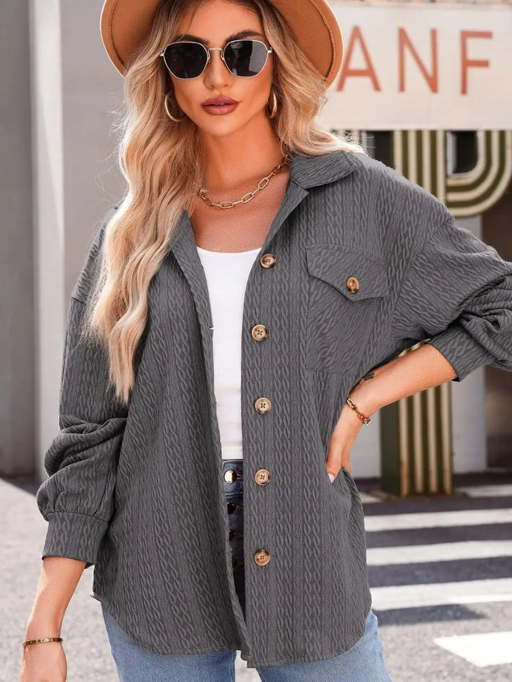 Textured Button Up Long Sleeve Shacket - Trendsi