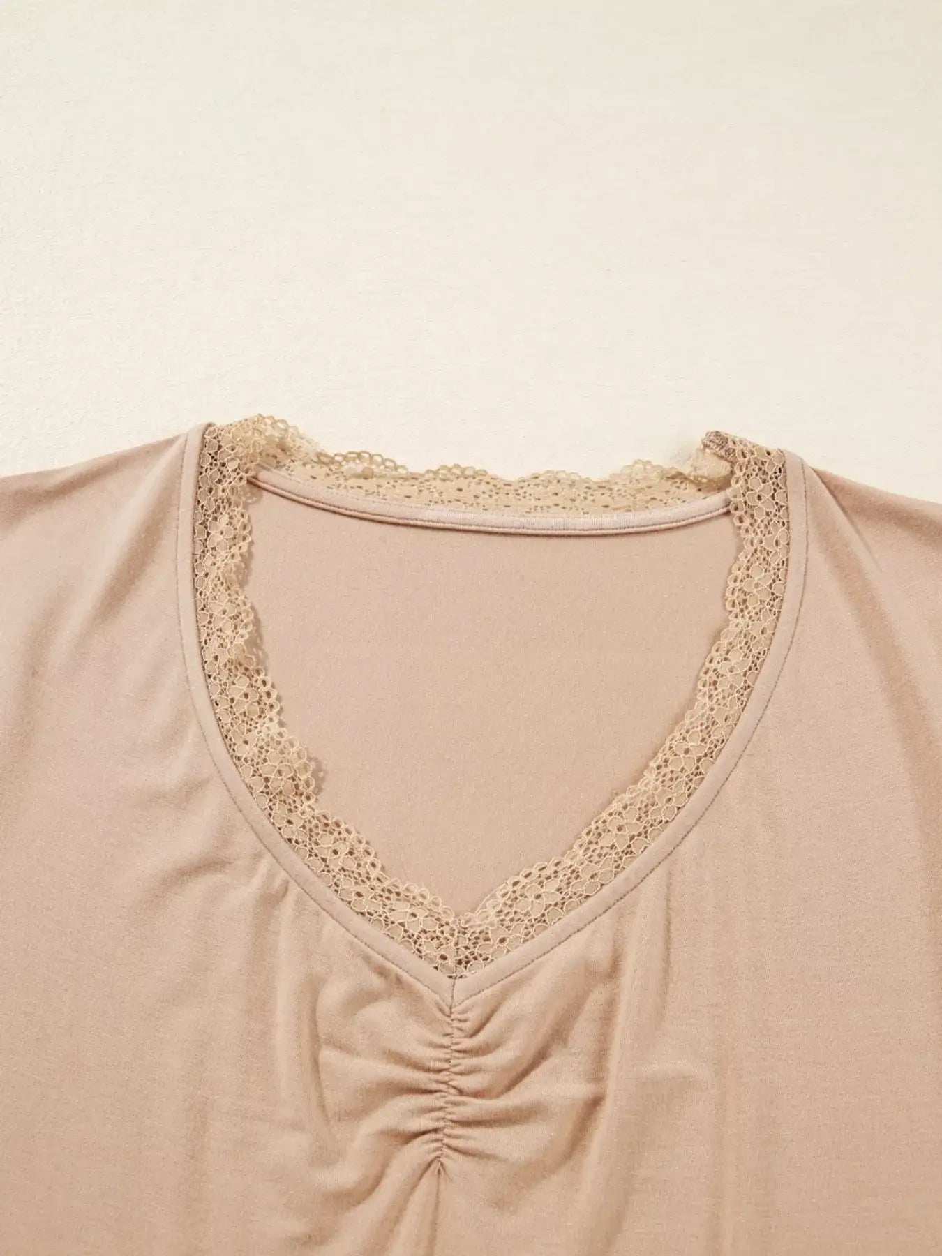 Lace-Trimmed Ruched Detail Long Sleeve T-Shirt - Trendsi - Flyclothing LLC