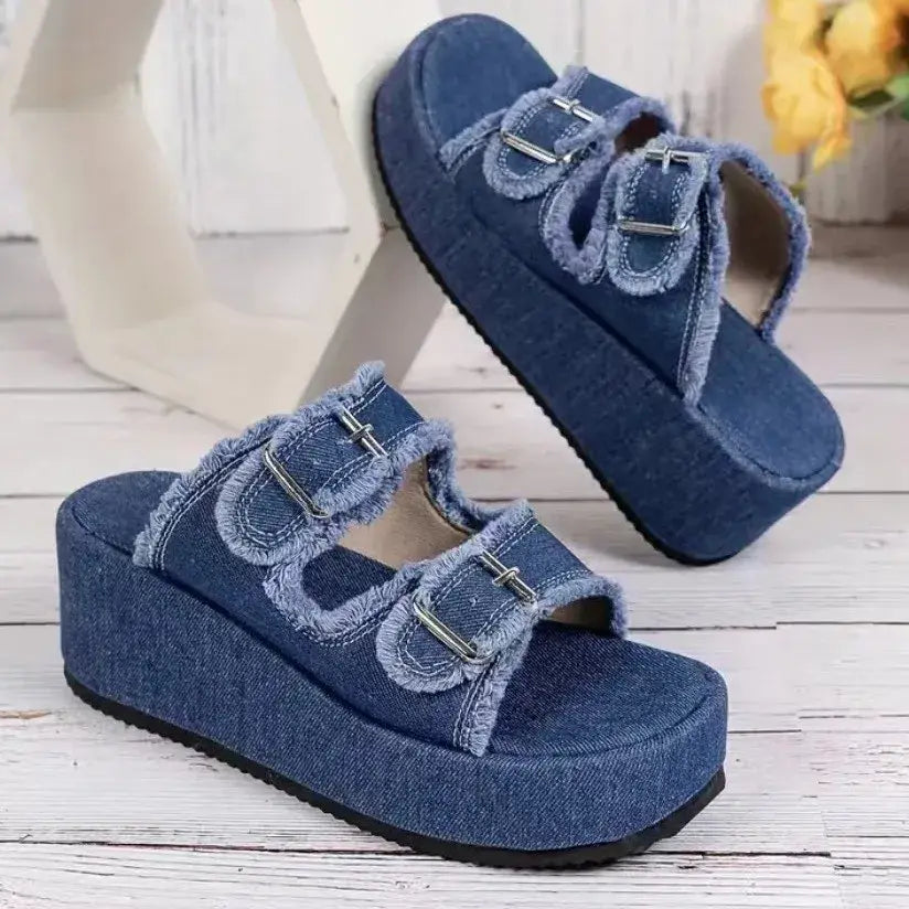 Raw Hem Wedge Buckle Sandals - Trendsi - Flyclothing LLC