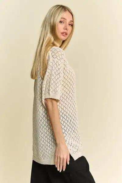 Davi & Dani Side Slit Openwork Round Neck Half Sleeve Knit Cover Up - Trendsi - Flyclothing LLC