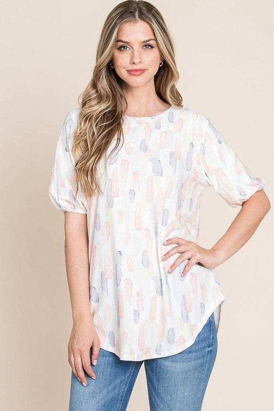 BOMBOM Round Neck Puff Short Sleeve Blouse - Trendsi - Flyclothing LLC