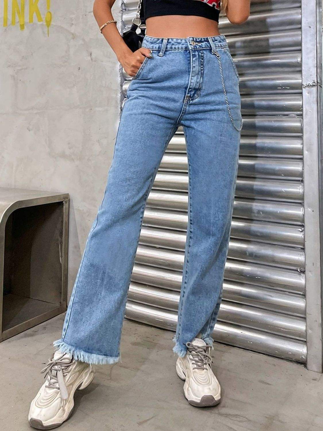 Raw Hem Jeans with Pockets - Trendsi - Flyclothing LLC