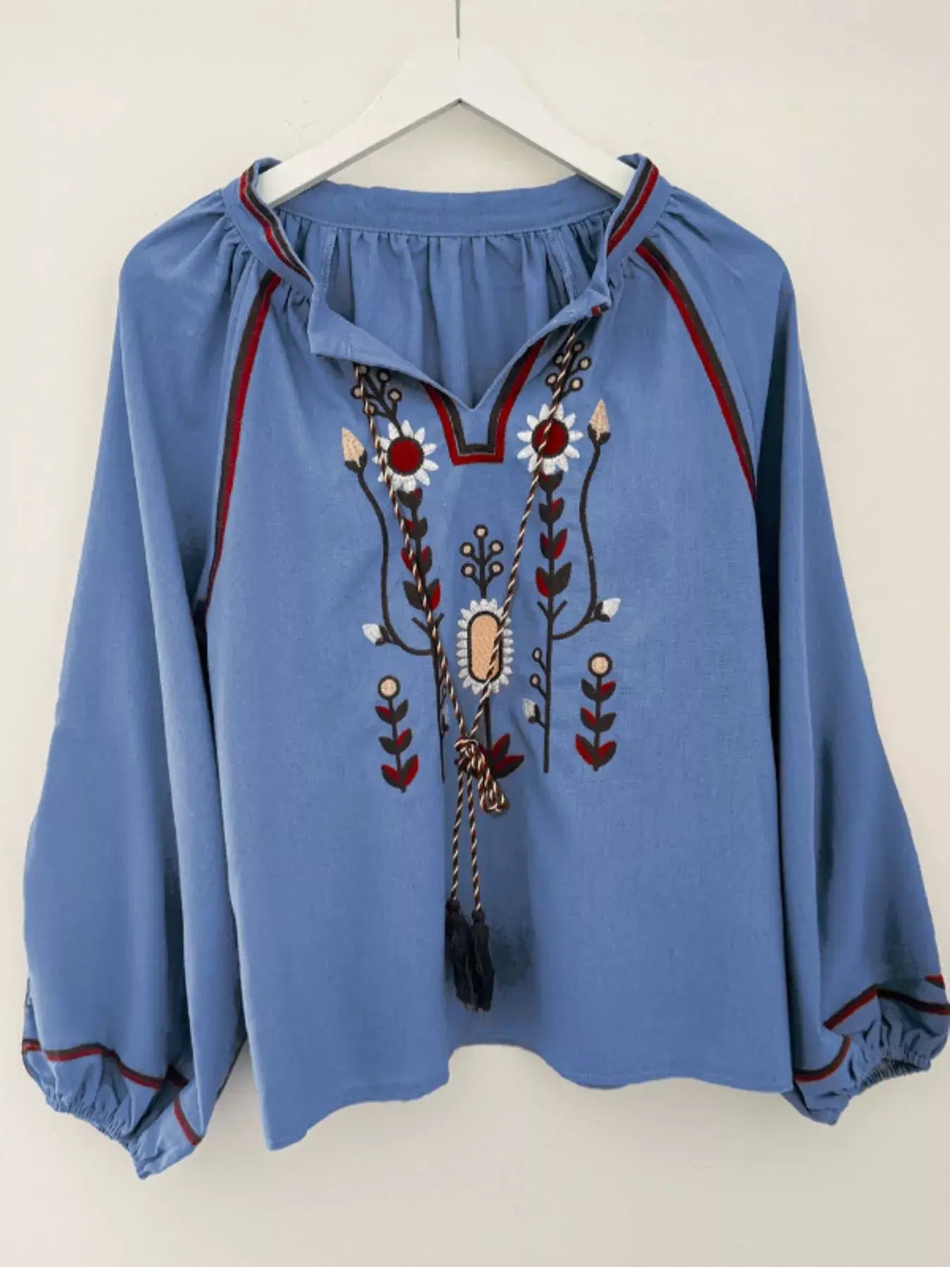 Floral Embroidered Split Neck Tassel Tie Puff Sleeve Blouse - Trendsi - Flyclothing LLC
