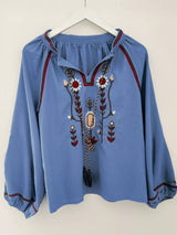 Floral Embroidered Split Neck Tassel Tie Puff Sleeve Blouse - Trendsi - Flyclothing LLC
