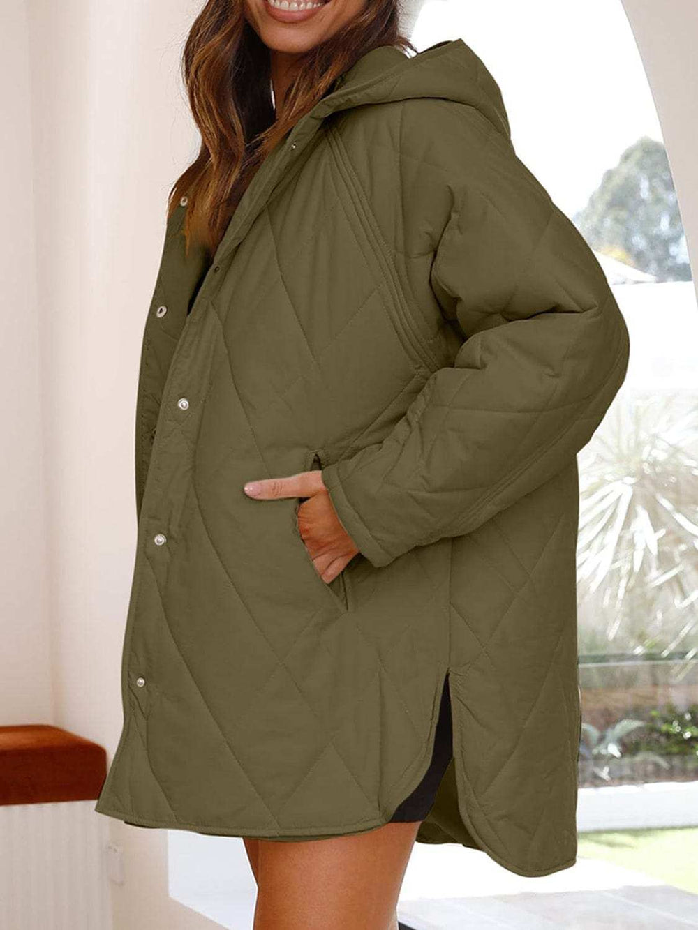 Slit Snap Down Long Sleeve Hooded Jacket - Trendsi - Flyclothing LLC