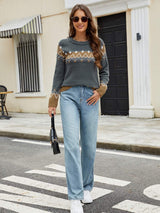 Contrast Round Neck Long Sleeve Sweater - Trendsi - Flyclothing LLC