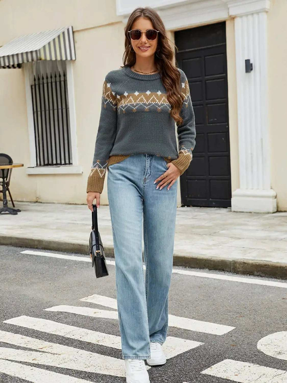 Contrast Round Neck Long Sleeve Sweater - Trendsi - Flyclothing LLC