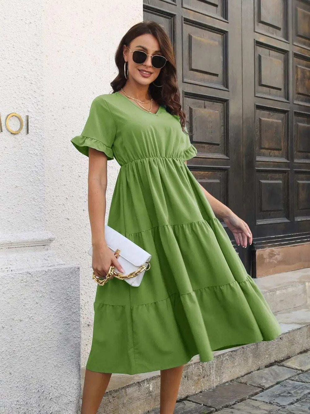 V-Neck Short Sleeve Midi Dress - Trendsi - Flyclothing LLC