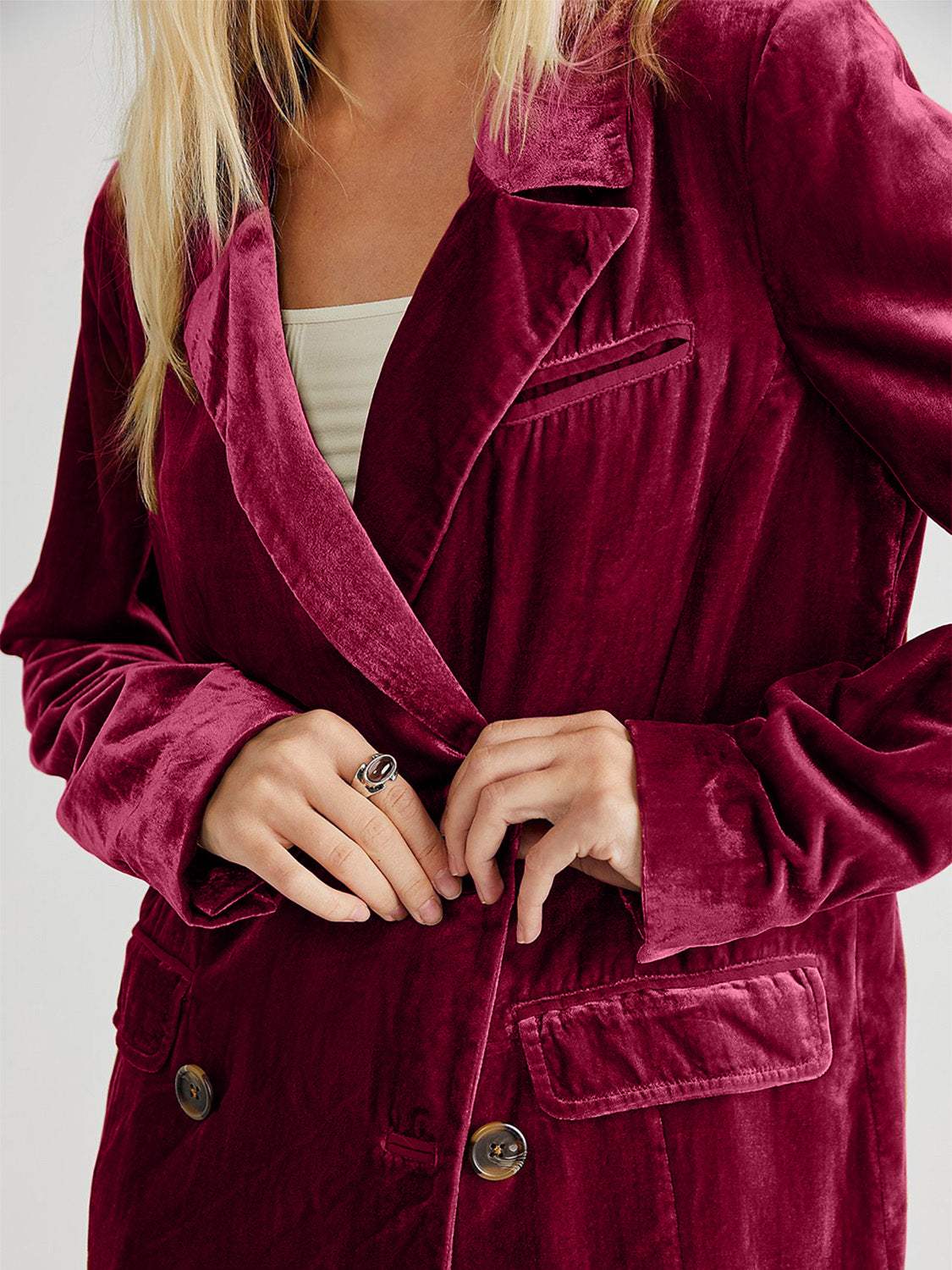 Lapel Collar Long Sleeve Blazer with Pockets - Trendsi - Flyclothing LLC