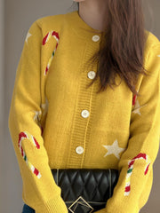Candy Cane & Star Button Down Long Sleeve Cardigan - Trendsi