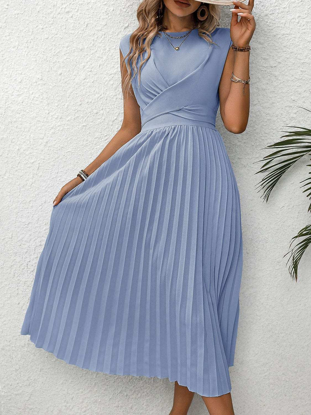 Pleated Round Neck Cap Sleeve Dress - Trendsi - Flyclothing LLC