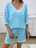 Contrast Trim V-Neck Top and Shorts Set - Trendsi - Flyclothing LLC