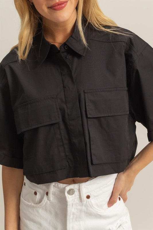 HYFVE Front Pockets Poplin Collared Neck Crop Shirt - Trendsi - Flyclothing LLC