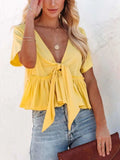 Tied Plunge Short Sleeve Blouse - Trendsi - Flyclothing LLC
