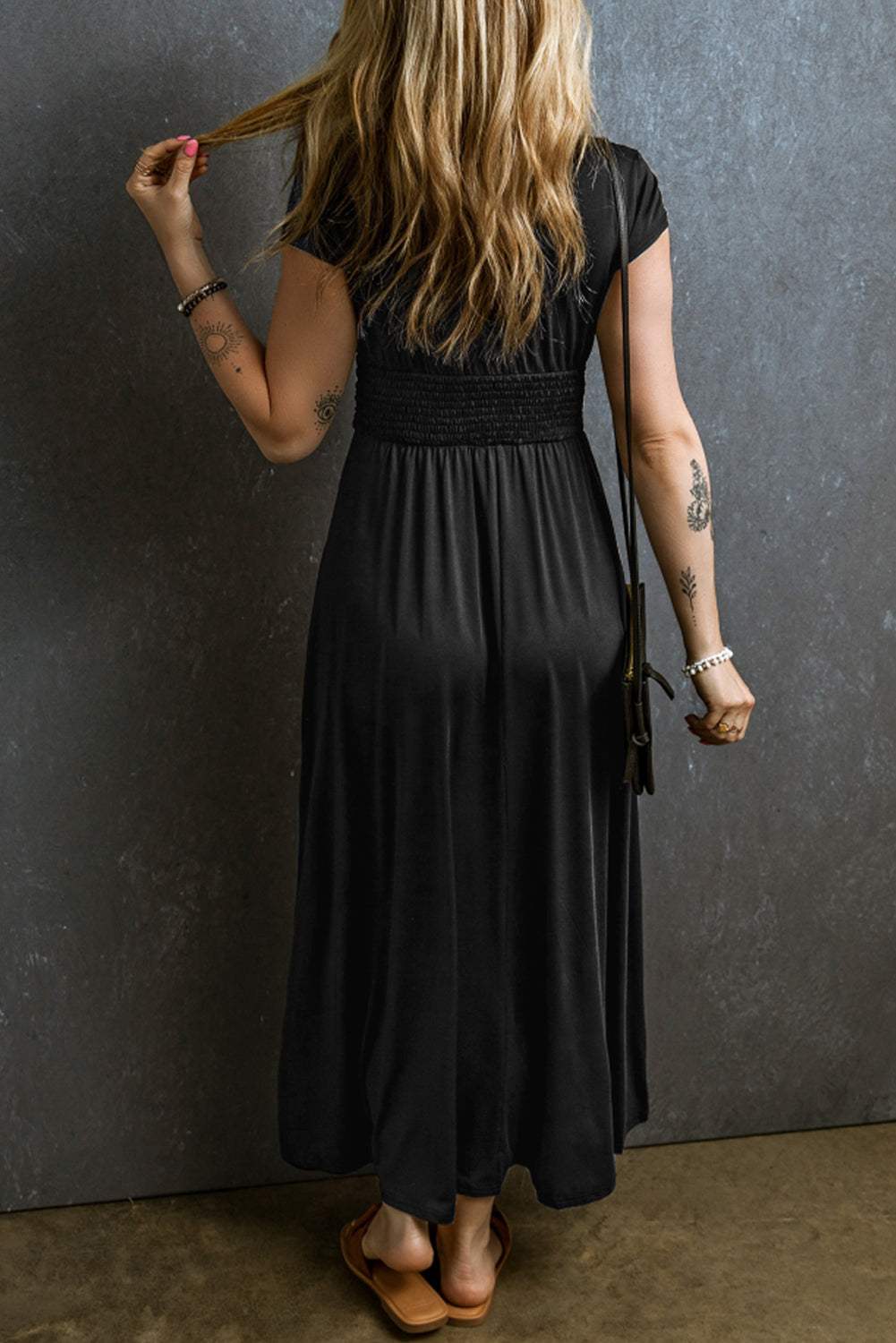 Smocked V-Neck Short Sleeve Dress - Trendsi - Flyclothing LLC
