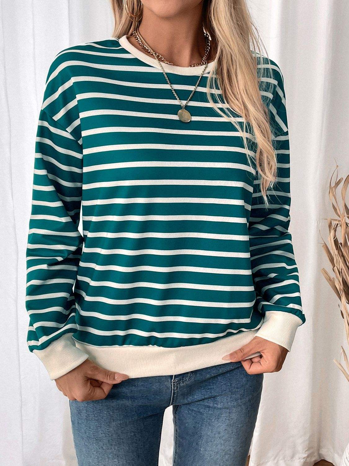 Perfee Striped Contrast Round Neck Long Sleeve Sweatshirt - Trendsi - Flyclothing LLC