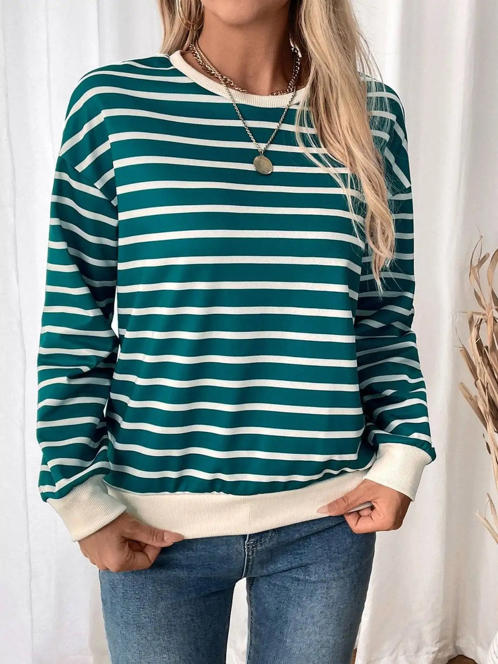Perfee Striped Contrast Round Neck Long Sleeve Sweatshirt - Trendsi