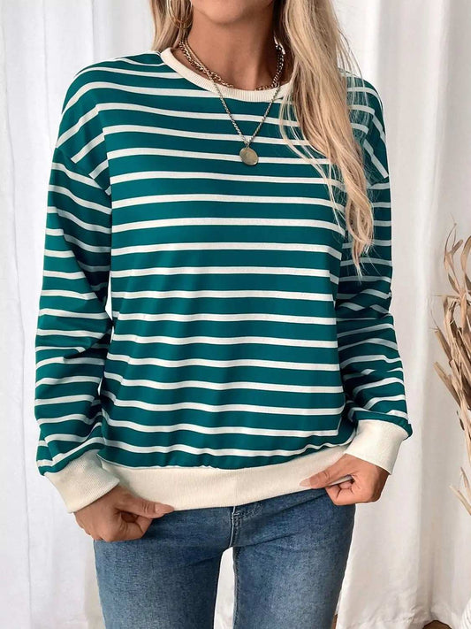 Perfee Striped Contrast Round Neck Long Sleeve Sweatshirt - Trendsi - Flyclothing LLC