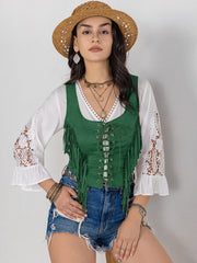 Fringe Lace-Up Wide Strap Tank - Trendsi